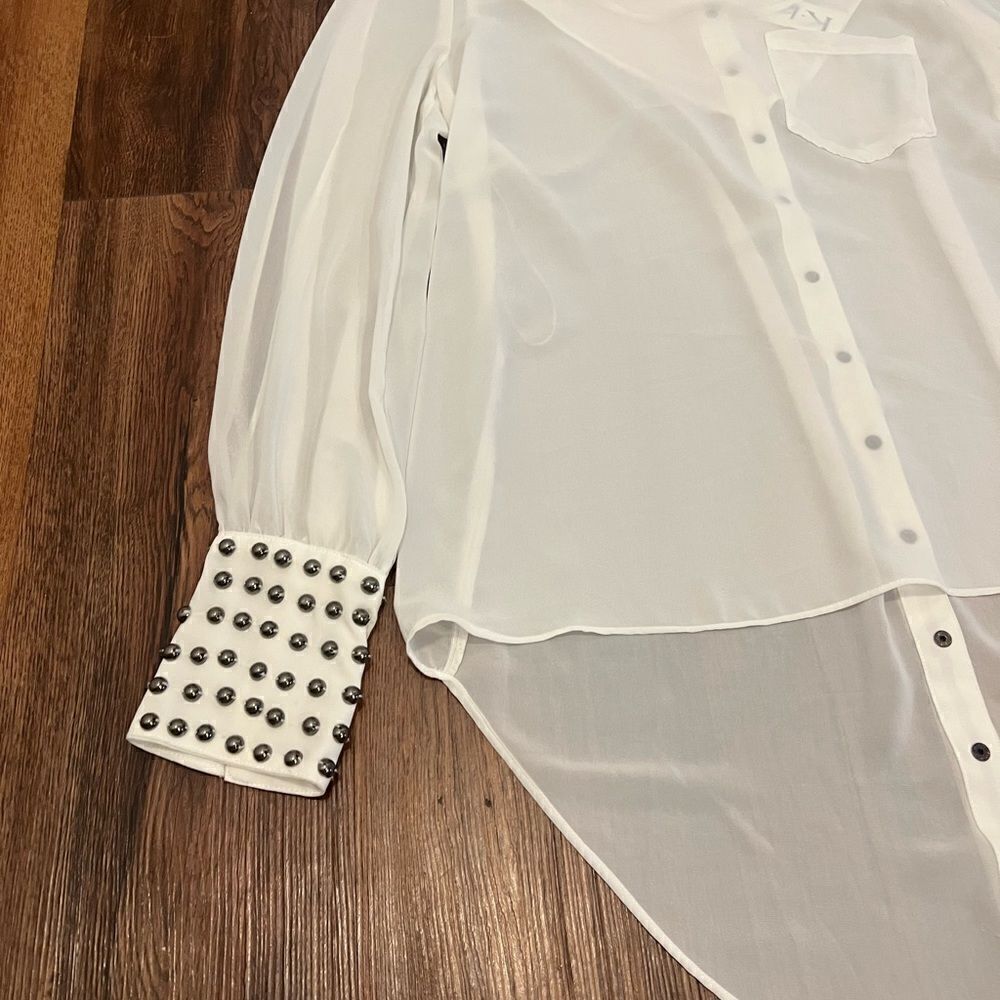 Double Zero White Long Sleeve Blouse With Gem Sleeves — image 3 of 8